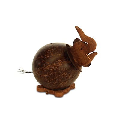 Unique Handmade Coconut Shell Wood Elephant Coin Piggy Bank Handcrafted Wooden Rustic Hand Carved Keepsake Saving Money