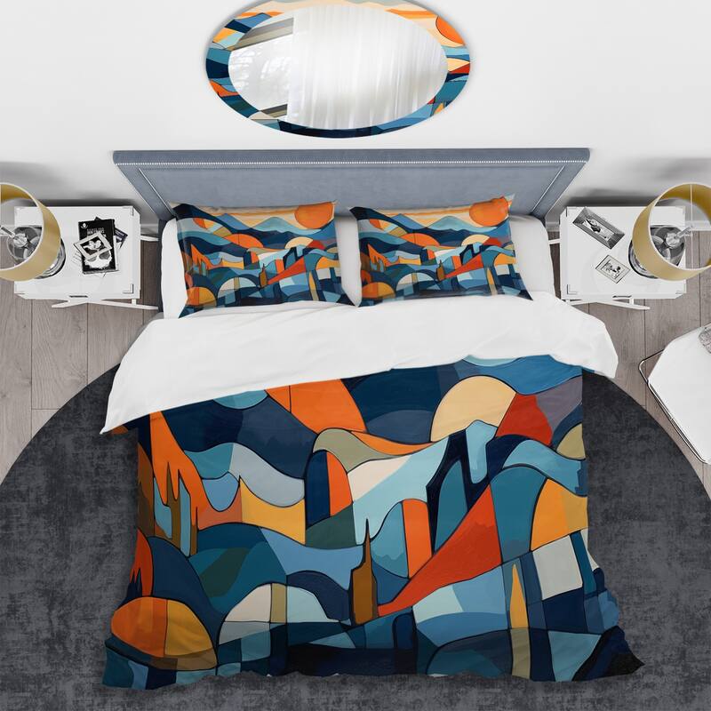 Designart "Mid Century Perspectives II" Blue Mid-Century - Bedding Cover Set With Shams