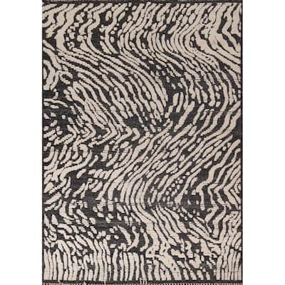 All-Over Black & Ivory Moroccan Abstract Area Rug Handmade Wool Carpet - 8'0"x 10'2"