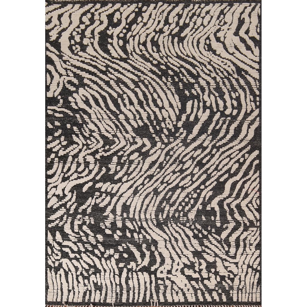 All-Over Black & Ivory Moroccan Abstract Area Rug Handmade Wool Carpet - 8'0"x 10'2"