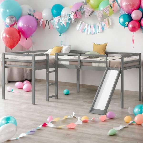 slide 2 of 18, Twin Size L-Shaped Loft Bed With Ladder And Slide,Sturdy Frame for Home Grey