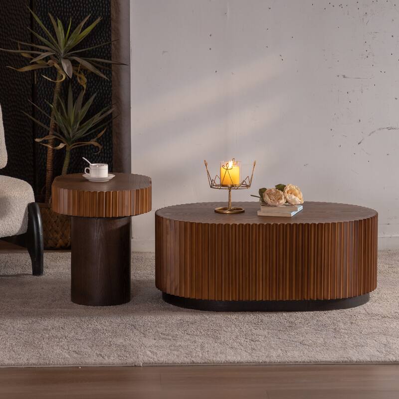 Handcraft Round Nesting Coffee Table Set Of 2,Chic Wave Stripe Edge, Modern Stylish Wooden Circle Fluted Center Table - Natural Wood