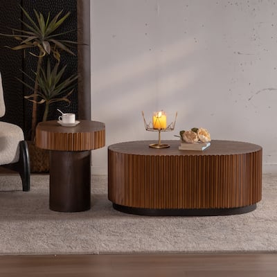 Round Nesting Coffee Table Set of 2, Fluted Coffee Table, Small End Table, Wood Slat Side Table Set