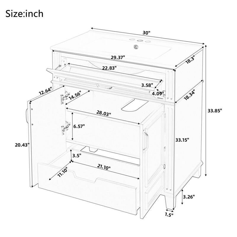 30" Freestanding Bathroom Vanity with White Integrated Ceramic Sink - 30'' x 18.3'' x 33.85''