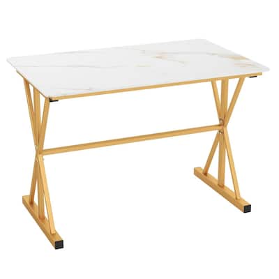 Golden and White Sintered Stone Dining Table with Metal Frame 135 lbs Capacity - 44" x 28" x 30"