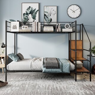 Black Twin over Full Size Metal Bunk Bed with Wire Shelving and Lateral Storage Ladder and Wardrobe