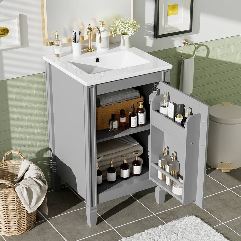 20"Bathroom Vanity with Ceramic Sink,Soft Close Door,Adjustable U-Shaped Shelf,Door Storage Rack,Modern Freestanding Cabinet