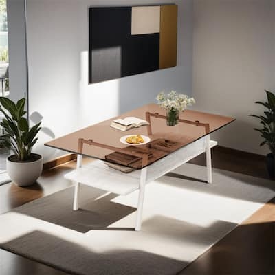 Rectangle Coffee Table, Tempered Glass Tabletop with White Metal Legs