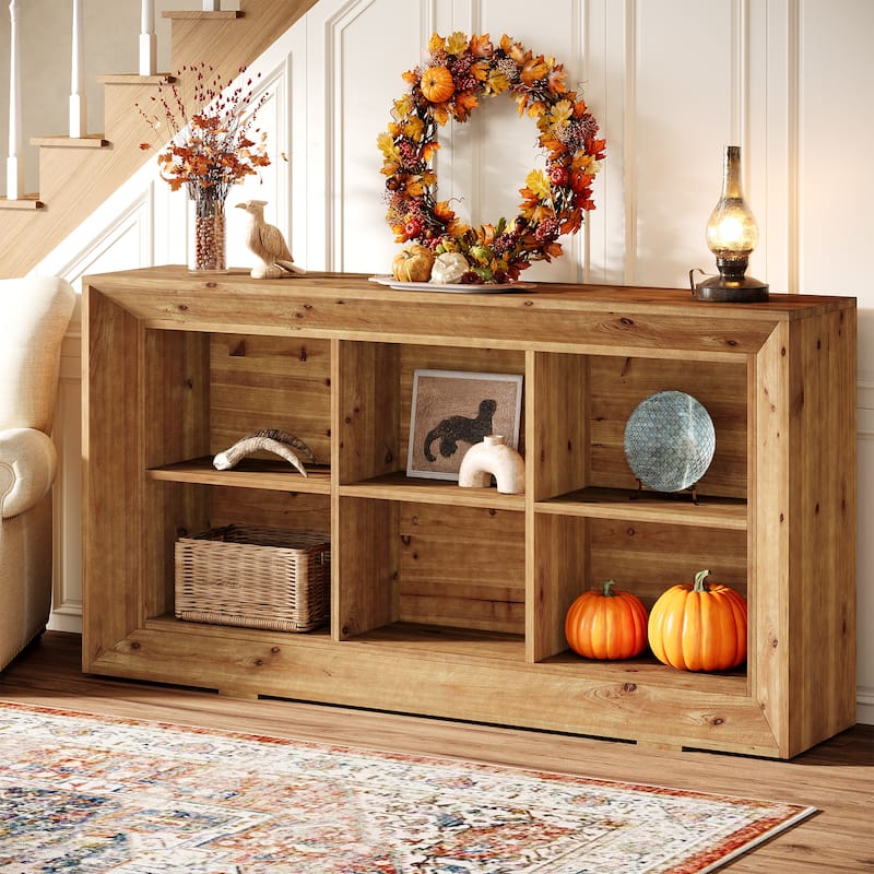 63'' Solid Wood Console Sofa Table with 6 Storage Cubes for Entryway