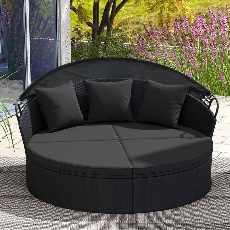 Gymax Patio Round Daybed Wicker Daybed w/ Retractable Canopy Separated