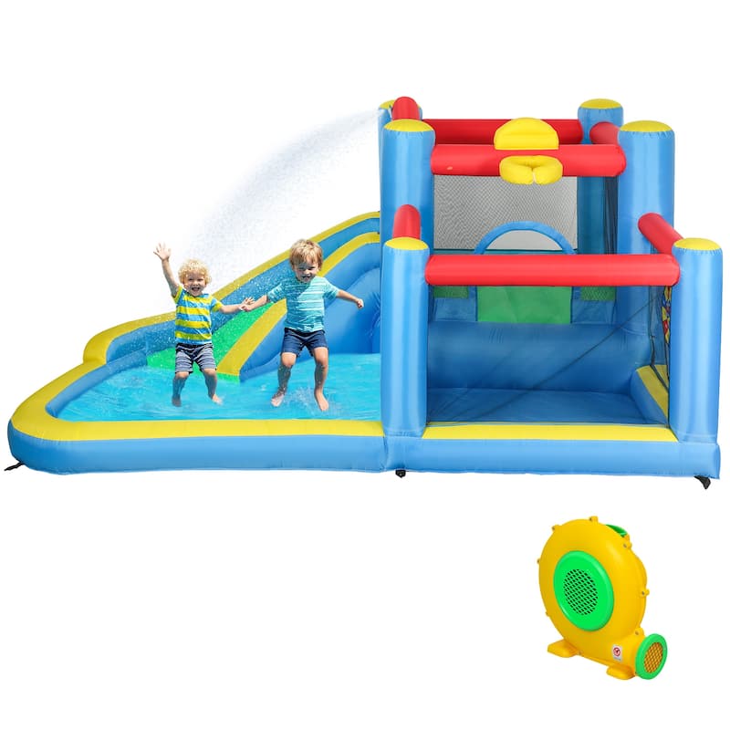 5 in 1 Inflatable Water Park for Kids with Slide Splash Pools Trampoline Basketball Hoop Durable Oxford Fabric