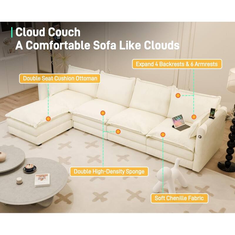 Modular Sectional Sofa L Shaped Couch, 3/4 Seat Sofa Set with Ottoman, Chenille Fabric