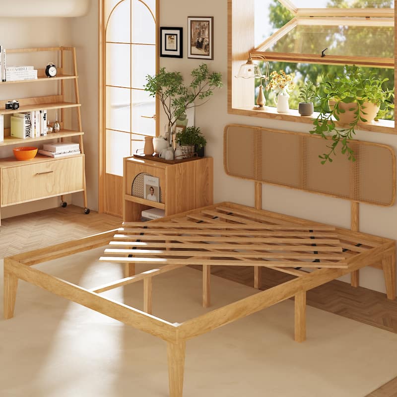 Solid Wood Platform Bed Frame with Rattan Headboard, 600 lbs Heavy Duty Support, Plywood Slats Queen / Full Size