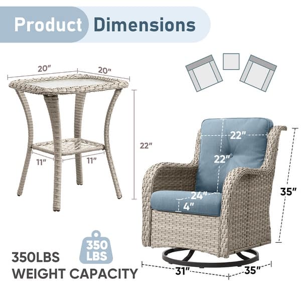 dimension image slide 0 of 9, Pocassy 3-Piece Outdoor Swivel Bistro Set, Wicker Rocking Chairs