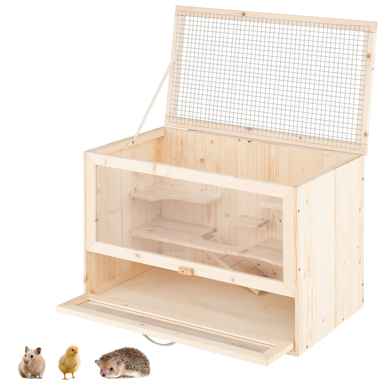 Gymax Wooden Hamster Cage Hamster Habitat Playpen w/ Mesh Flip Roof - Nature