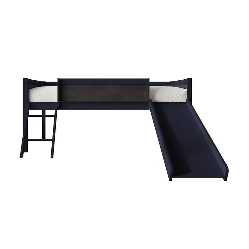 CraftPorch Classic Twin Low Loft Bed with Chalkboard, Slide and Ladder - Navy Blue