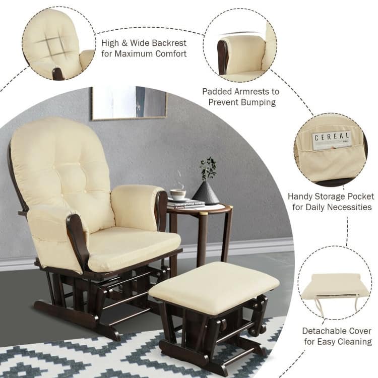 Solid Wood Gliding Chair Set with Storage Pockets and Ottoman for Relaxing - 29.5" x 28.5" x 39.5" (L x W x H)