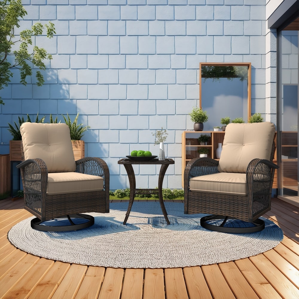 Outdoor Swivel Rocker Bistro Set - 3 Piece Wicker Patio Set with Swivel Rocking Chairs, Cushions, and Tempered Glass Side Table