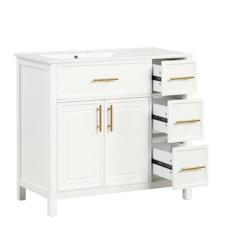 Roomfitters 36" Bathroom Vanity with Sink, Left-Side Basin, Solid Wood Frame, 2 Doors & 3 Drawers