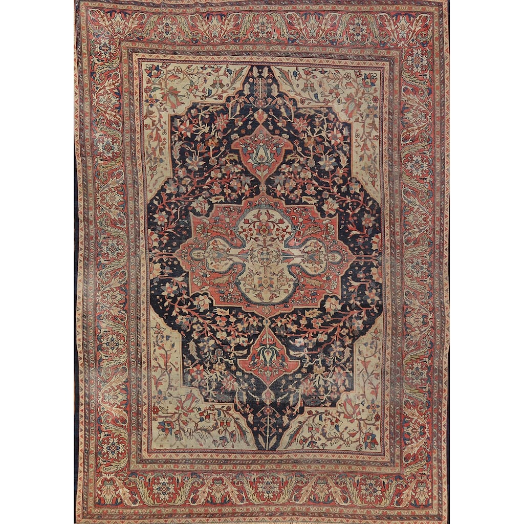 Hand Knotted Oriental 100% Wool Carpet Traditional Medallion Navy Blue & Blues Sarouk Area Rug - 11' 5'' X 8' 7''