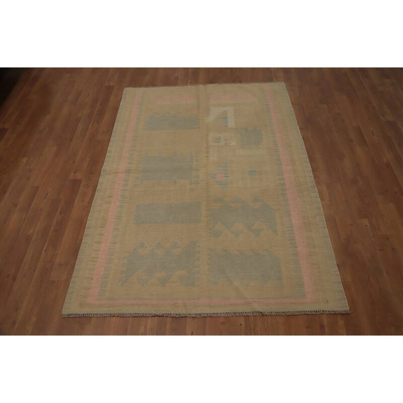 Hand Woven Oriental 100% Wool Carpet Southwestern Modern Brown Kilim Area Rug - 5' 9'' X 4' 1''