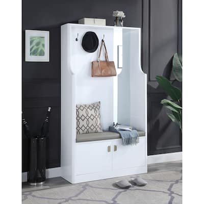 Contemporary White High Gloss Finish Hall Tree with 3 Hooks, Mirror, and Cushioned Seat - Entryway Organizer