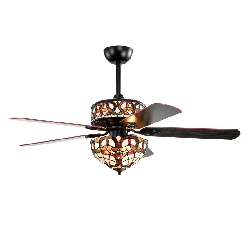 Lars Black Tiffany Style Two Tiered Lighted Ceiling Fan White and Copper Shade with Remote Control - WhiteCopper