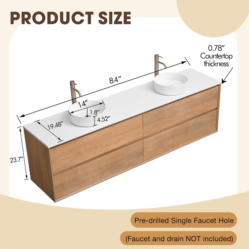 84" Floating Bathroom Vanity Quartz Counter Top with Double Ceramic Vessel Sink