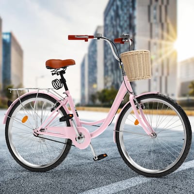 26 Inch Beach Cruiser Bike for Women - 1 Speed Commute Bike for Adults - Womens Bicycle with Adjustable Seat in Pink/White - 26“