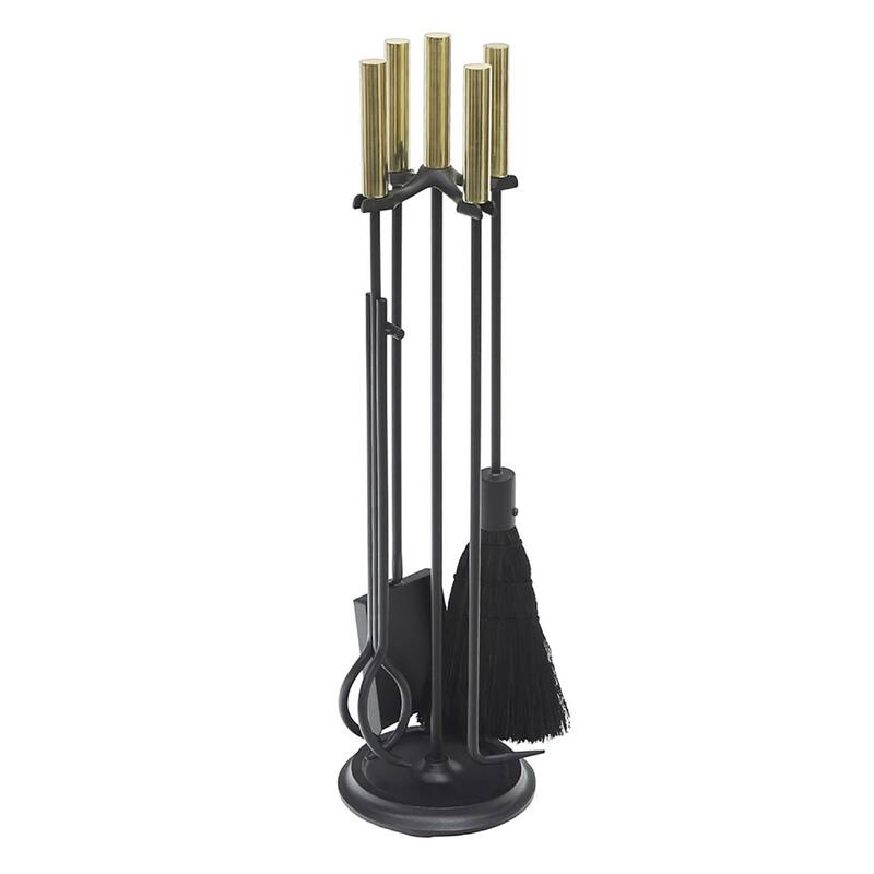 Achla Designs Contemporary Bedford Fireplace Set of 4 Tools, 30.25 Inch Tall, Black - Black and Polished Brass