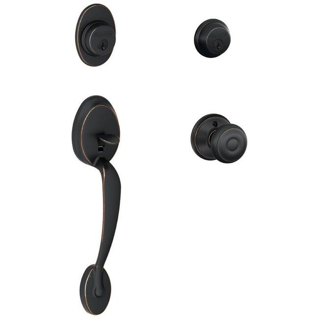 Schlage Plymouth Double Cylinder Handleset with Georgian Interior Knob - Aged Bronze