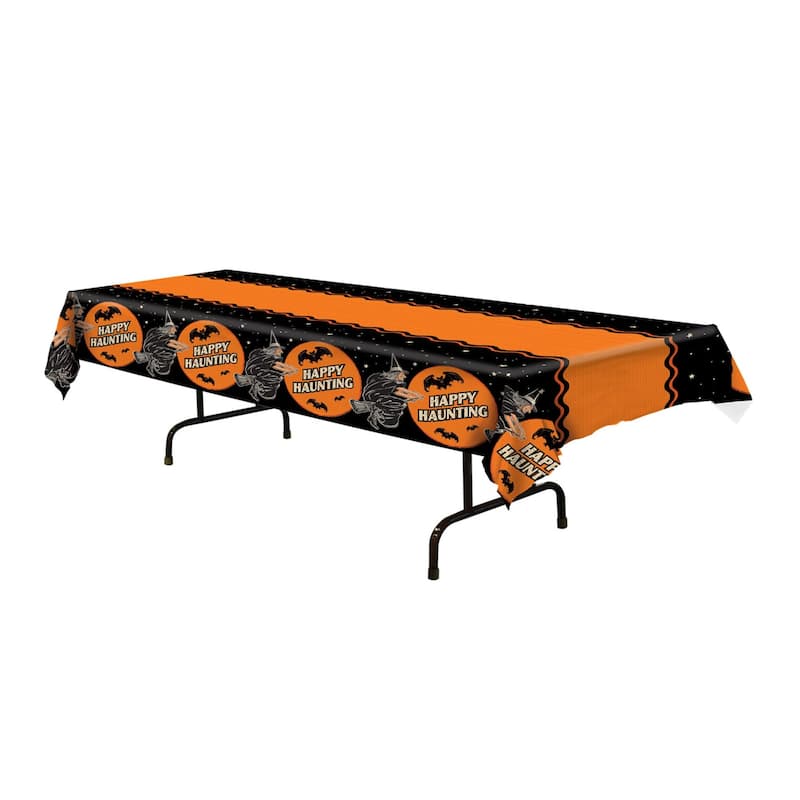 Happy Haunting Disposable Halloween Table Covers - 108" - Orange and Black - Pack of 12