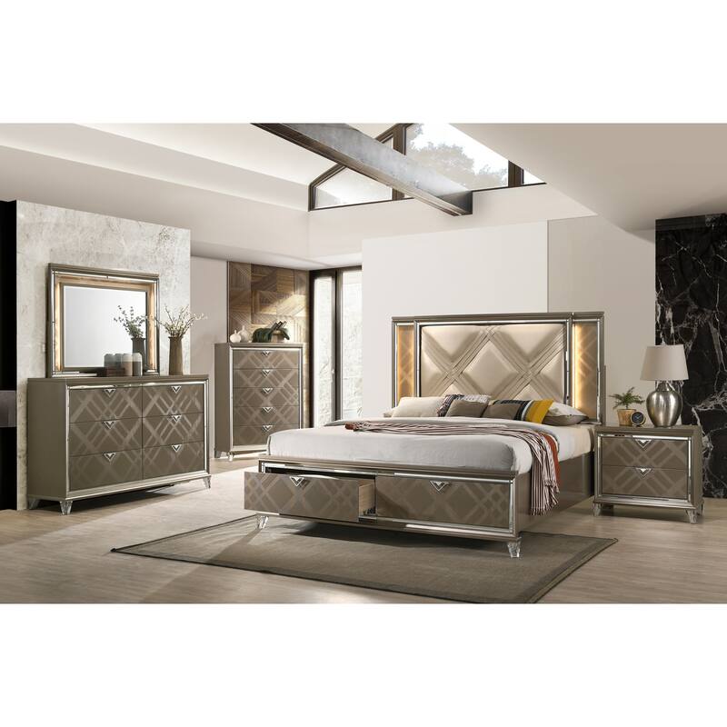 Full Size Modern Style Wood Platform Bed with Champagne Leatherette Geometric Padded Headboards and Touch Function LED Lighting