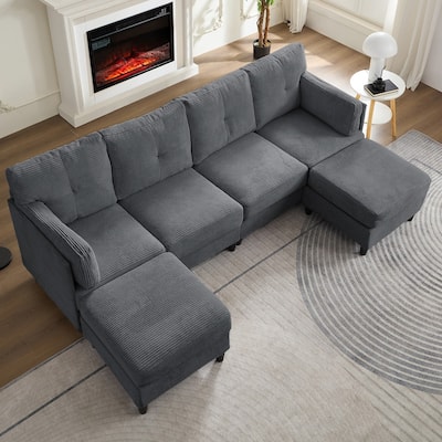 Mixoy W89inch U-Shaped Corduroy Sectional Sofa with Reversible Ottoman,Upholstered 4-Seater Sofa