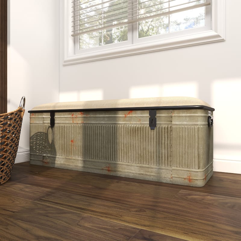 Gray Metal Galvanized Storage Bench with Cream Upholstered Burlap Top Seat - 2 Sizes