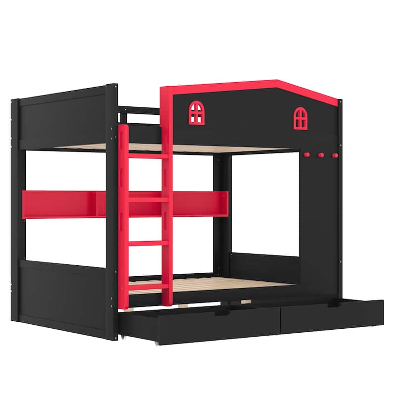 Queen over Queen Bunk Bed with Storage Drawers, Shelves & Hooks