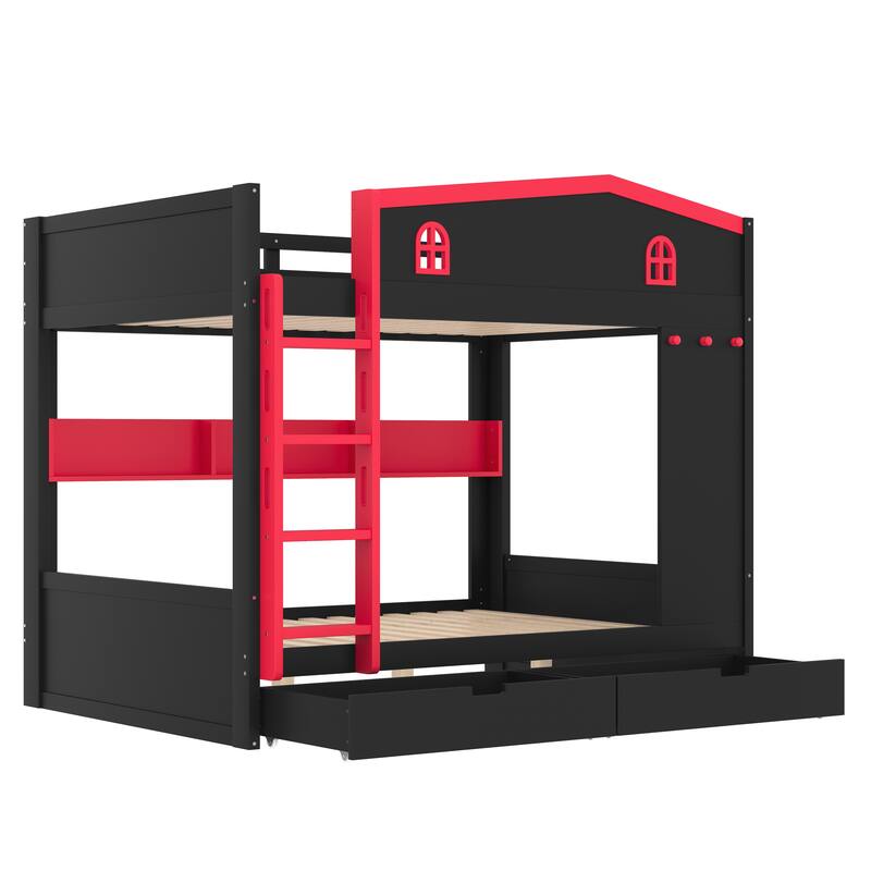 Queen over Queen Bunk Bed with Storage Drawers and Shelves, Solid Wood Bunk Beds with hooks, No Box Spring Needed