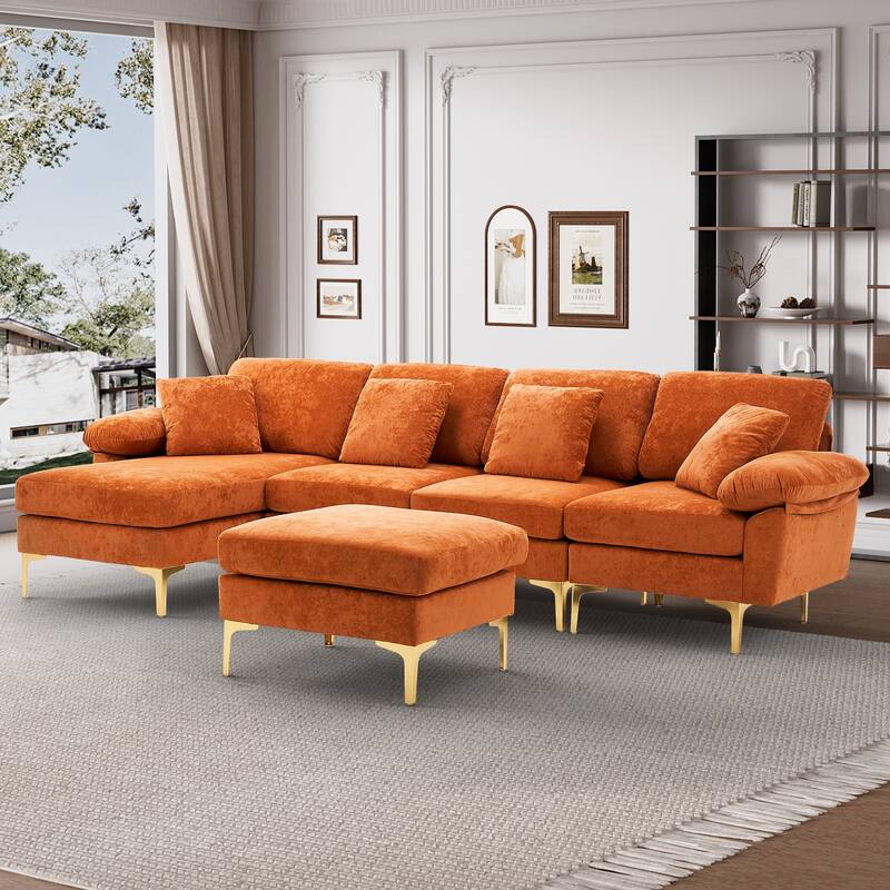 110" Upholstered Velvet U-shaped Sectional Sofa With Chaise Lounge & Ottoman - Orange
