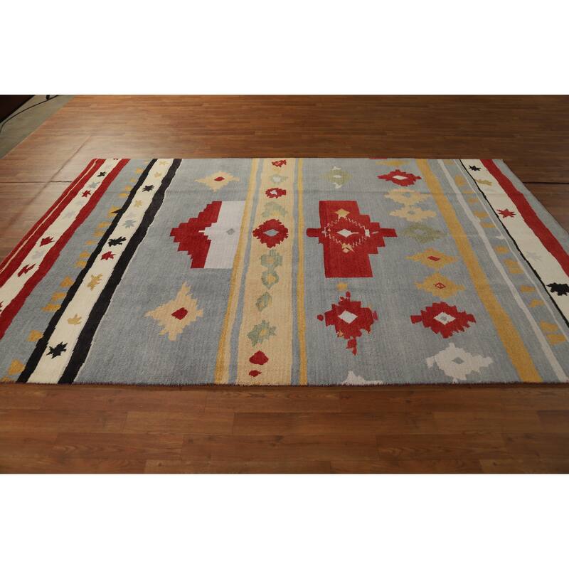 Hand Knotted Oriental 100% Wool Carpet Modern Geometric Greys & Charcoal Gabbeh Area Rug - 9' 2'' X 6' 0''