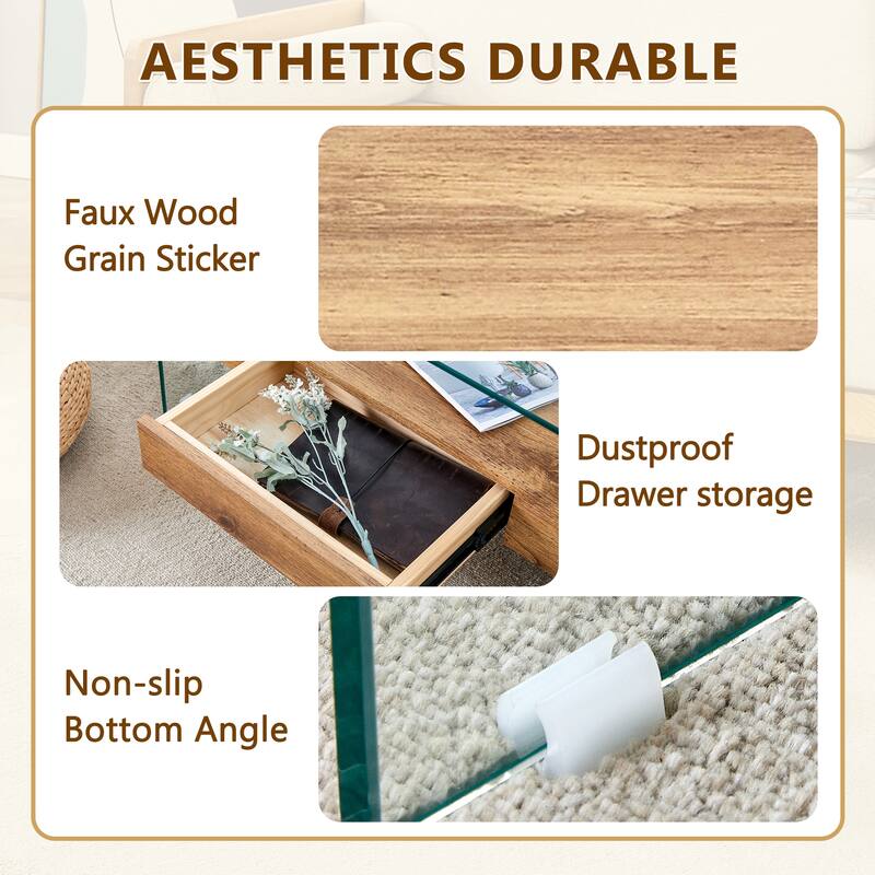 43.3 Inch Double Layer Coffee Table Storage Side Table with Open Storage Shelves, Drawers Glass Center Table End Table