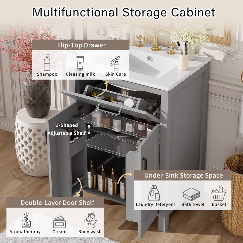 24"Bathroom Vanity Combo With Ceramic Sink, Luxurious Space-Saving Vanity,2 Soft Close Doors