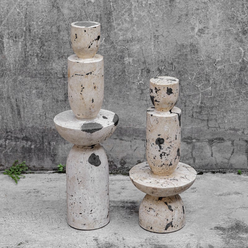 Geometric Limestone Tower Sculptures - 22" - Set of 2