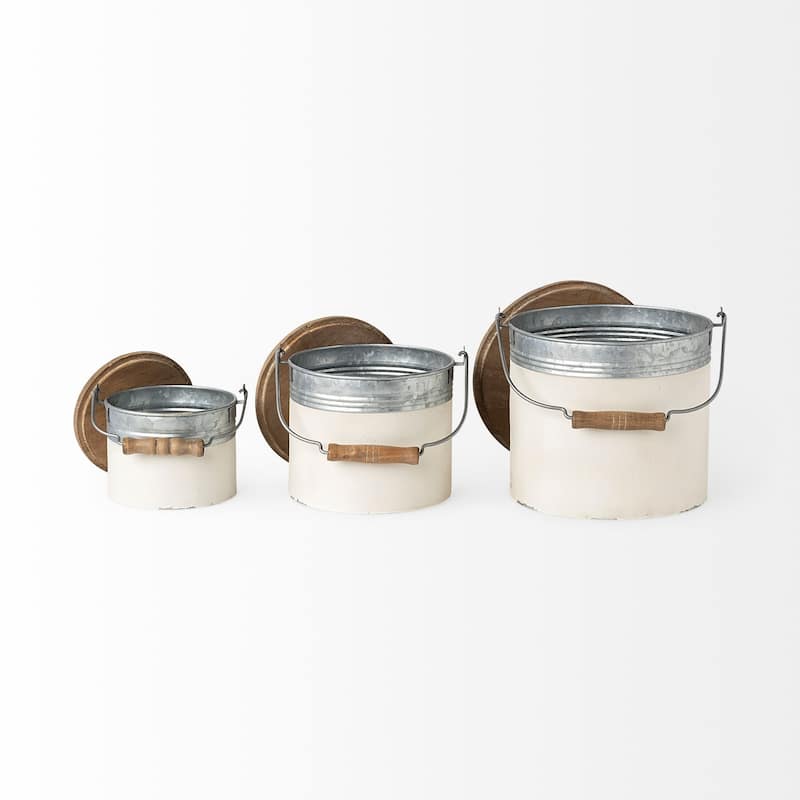 Set of Three Rustic White Metal Storage Cans - 7"W x 8"D x 13"H