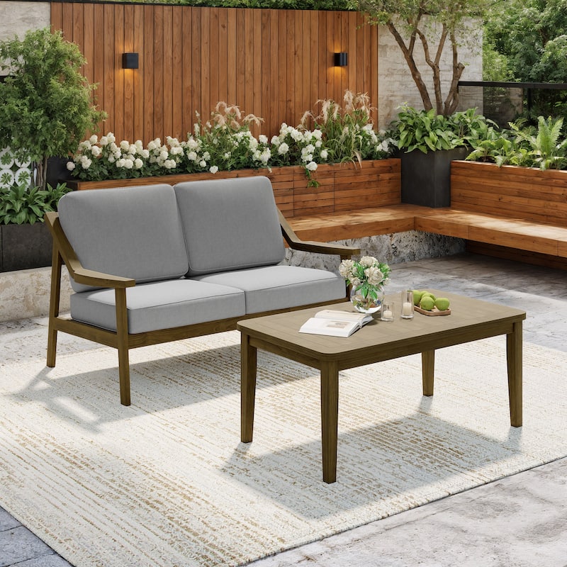 Outdoor Patio Wood Bistro Set/Loveseat Set - Brown/Grey - 2-piece