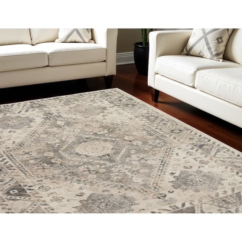 Distressed Floral Stain Resistant Soft Area Rug - 126' X '94' X '0.75 - 126' X '94' X '0.75 - Cream - Rectangle