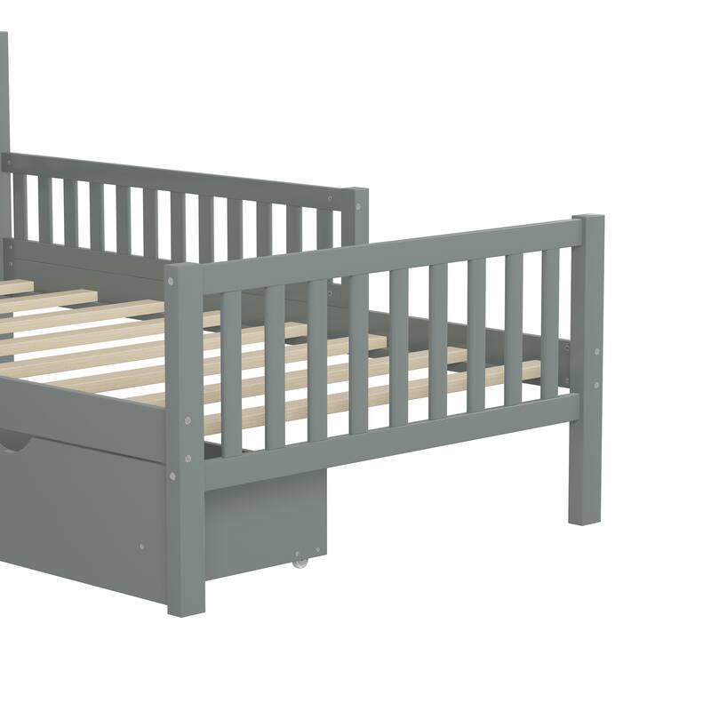 Twin  Size Wood Platform Bed with 2 Storage Drawers And Safety Guardrails