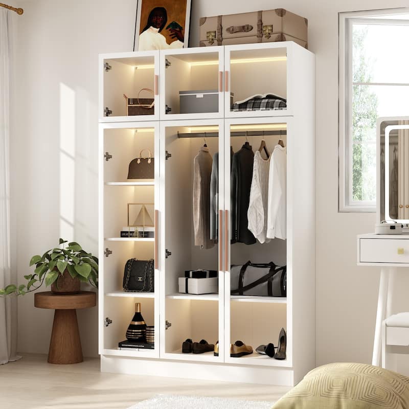 47.2" Wide Armoire LED Light All Glass Door Closet Cabinet Wardrobe