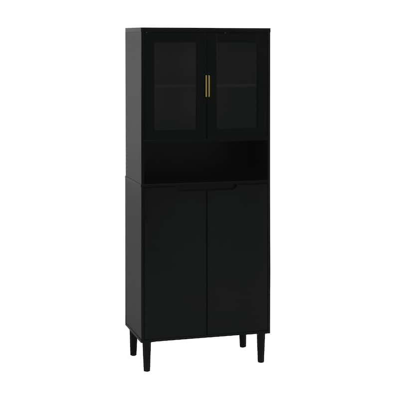 Tall Kitchen Pantry Cabinet with 2 Glass Display Doors & 2 Solid Doors