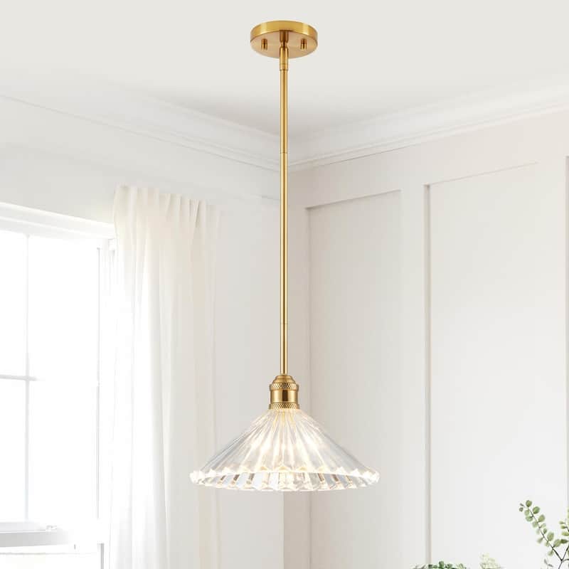 KAWOTI Adjustable Single Pendant Light with Cone Glass Shade - W12.5" x D12.5" x H51.5" - W12.5" x D12.5" x H51.5" - Brushed Gold-Individual
