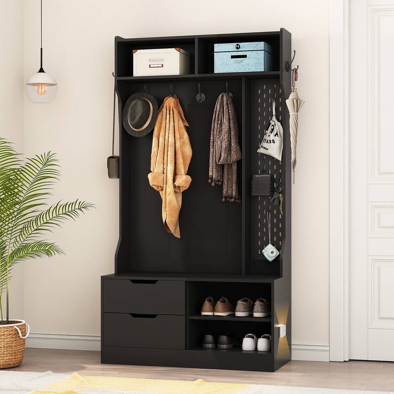 Roomfitters Hall Tree with 6 Hooks & Pegboard, Entryway Bench with Shoe Storage Organizer, Modern Coat Rack & Drawers, Black